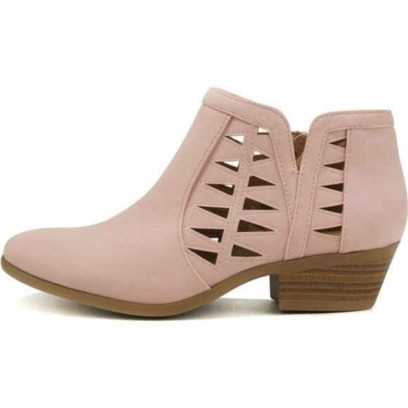 Women's Perforated Cut Out Stacked Heel Booties - Leather, Side Zipper - Picture 3 of 6